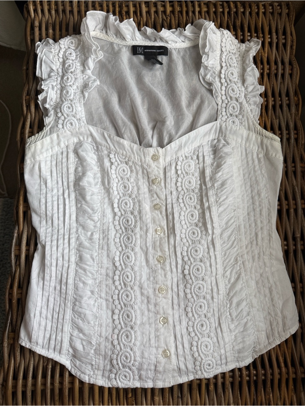 INC  White Embroidered Ruffle Sleeve Button-Front Top